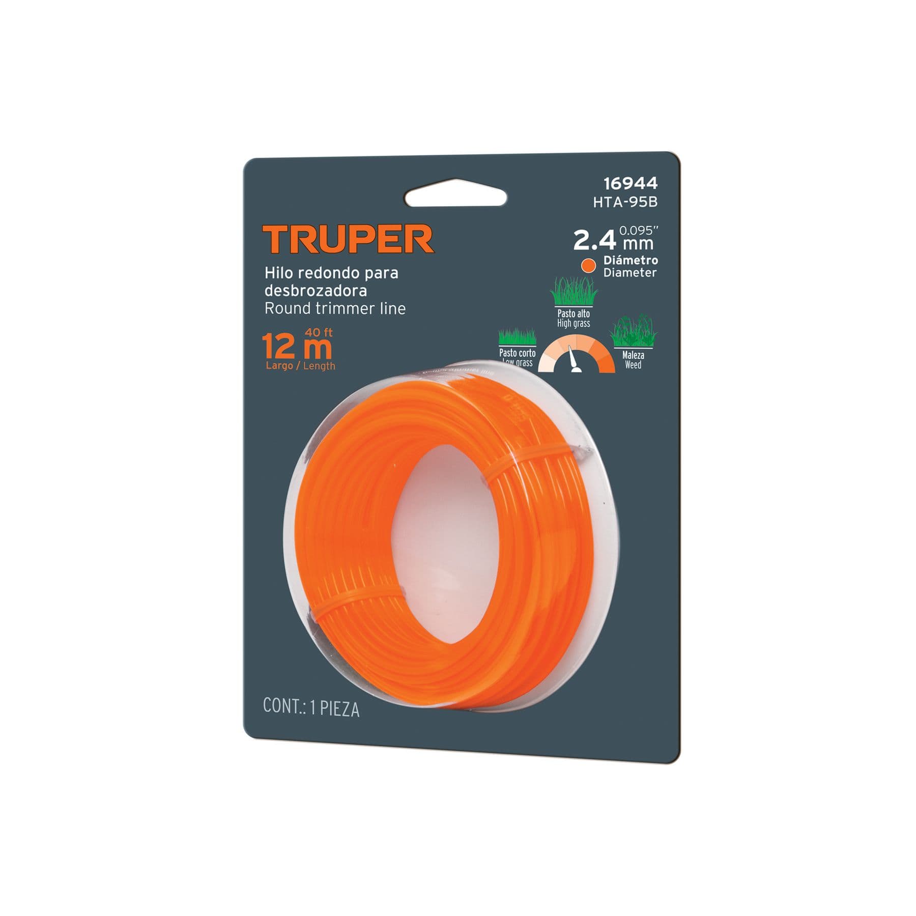 HILO REDONDO PARA DESBROZADORA, 12 M LARGO, 2.4 MM — Truper