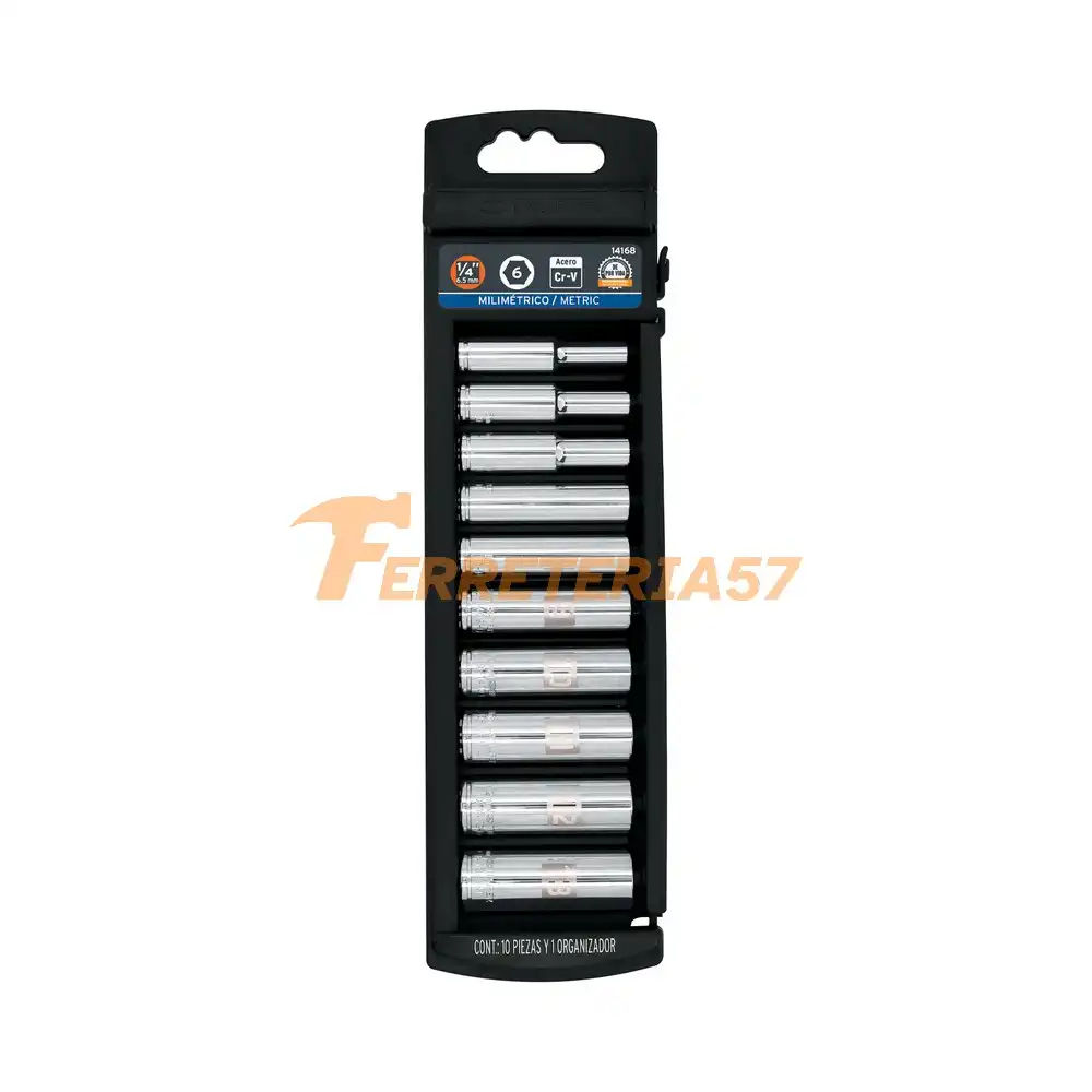 Juego de 10 dados largos cuadro 1/4' mm, Truper - 14168 - JD-1/4X10LM