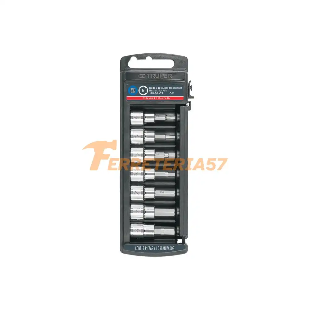 Juego de 7 dados punta hexagonal std, cuadro 3/8', Truper - 14169 - JPH-3/8X7P
