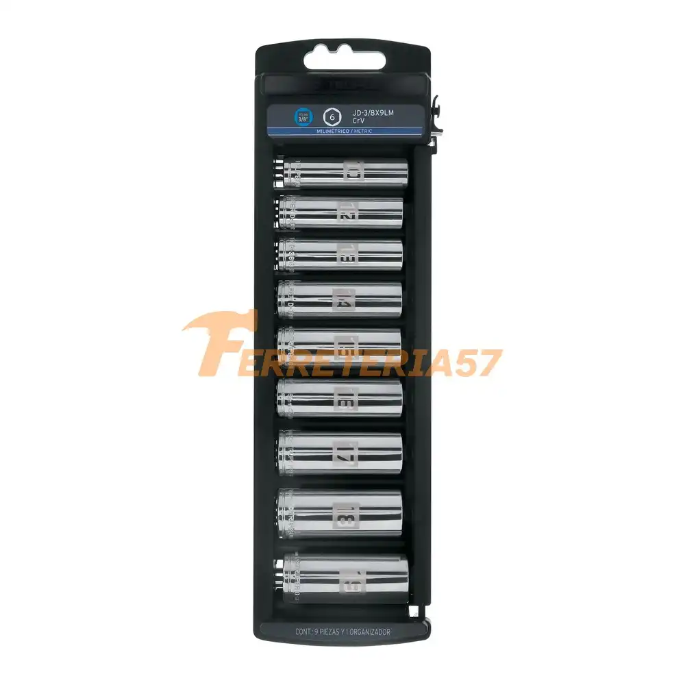 Juego de 9 dados largos cuadro 3/8' mm, Truper - 14173 - JD-3/8X9LM